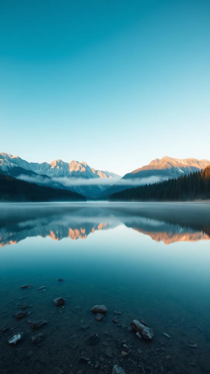 Lago alpino en Baviera, Alemania, con montañas y niebla al amanecer