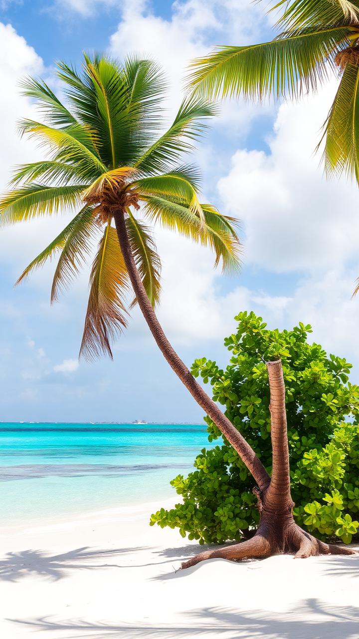 Playa caribeña de arena blanca en Aruba con palmeras y mar turquesa