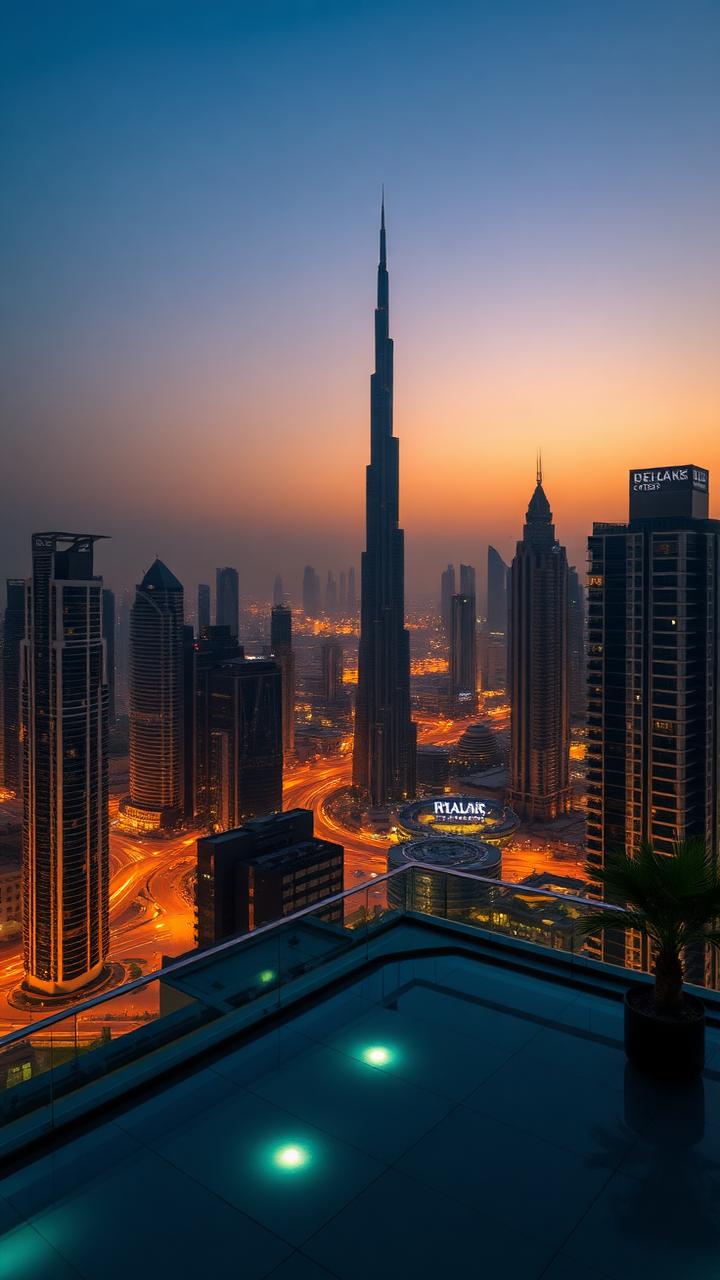 Skyline de Dubái al anochecer visto desde una azotea de lujo
