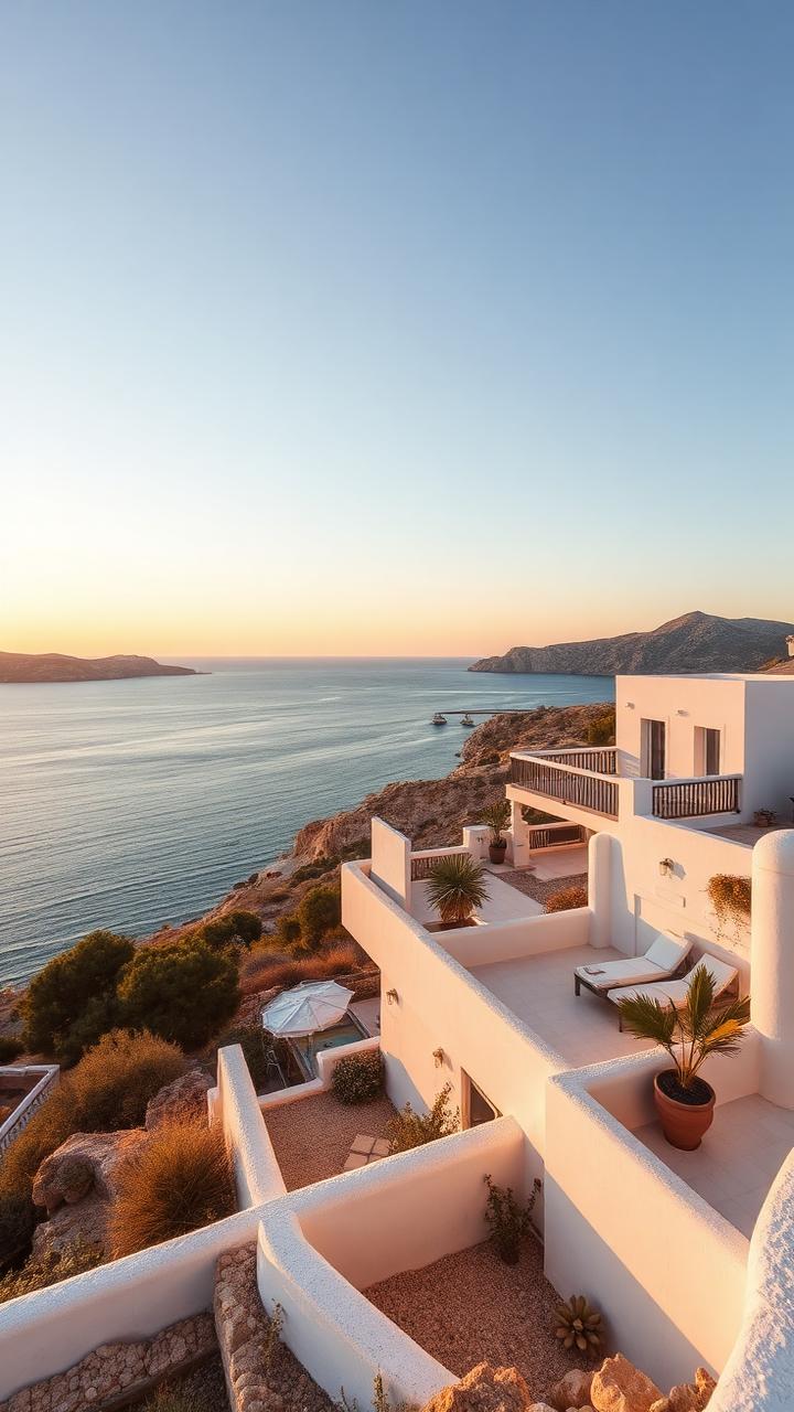 Villa blanca sobre acantilado en la costa mediterránea de España al atardecer