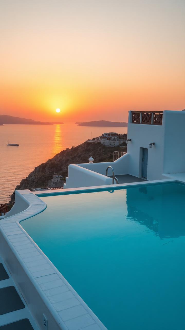 Arquitectura griega encalada con piscina infinita frente al mar al atardecer