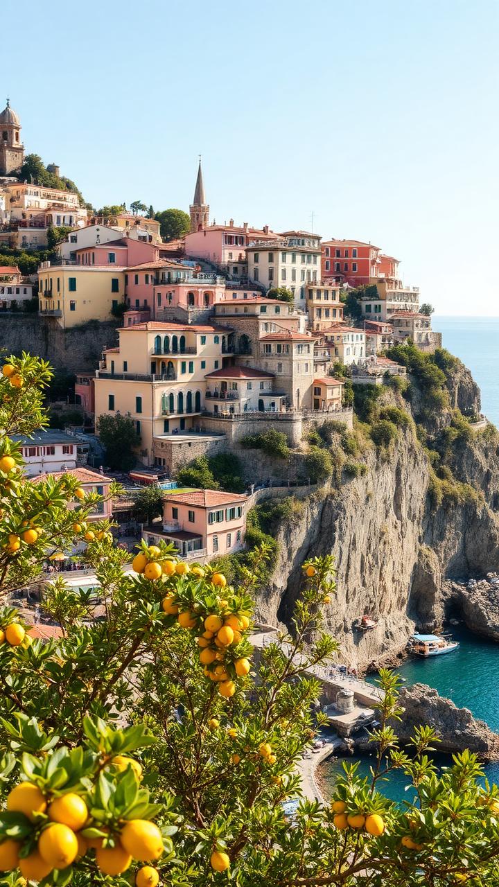 Pueblo italiano en acantilado con limoneros sobre el mar en la Costa Amalfitana
