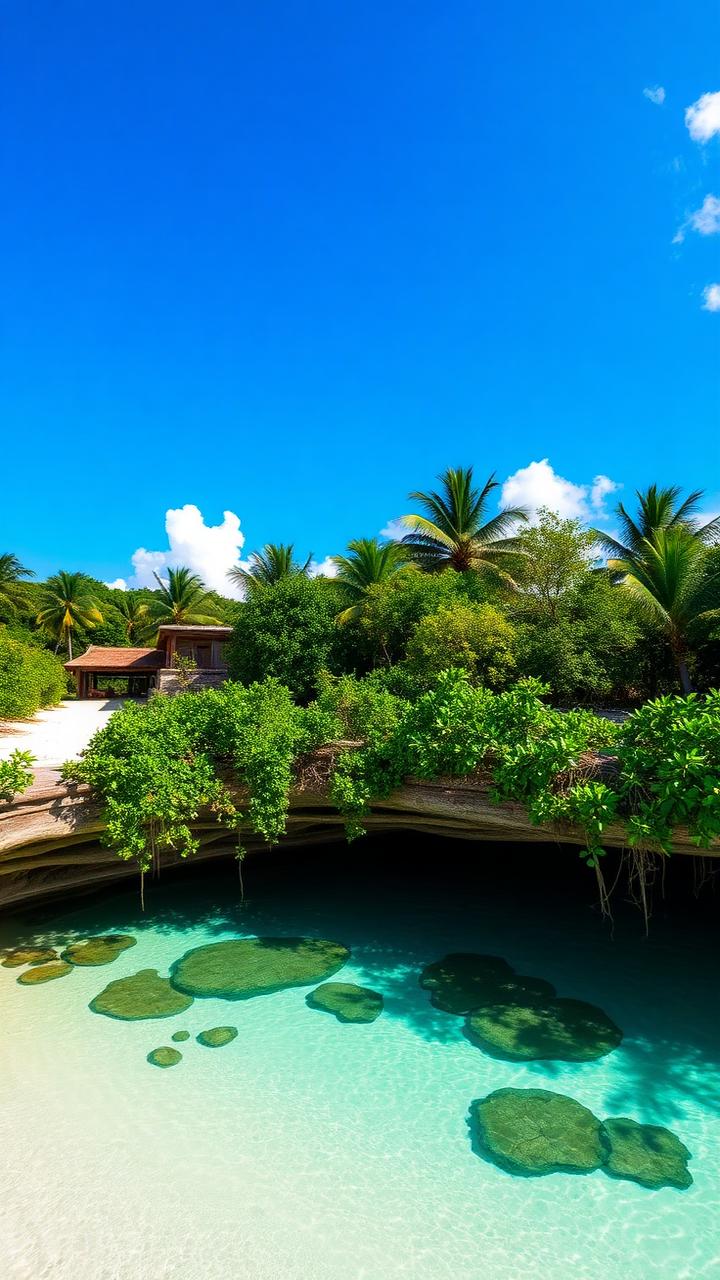 Cenote de agua cristalina rodeado de jungla en la Riviera Maya, México