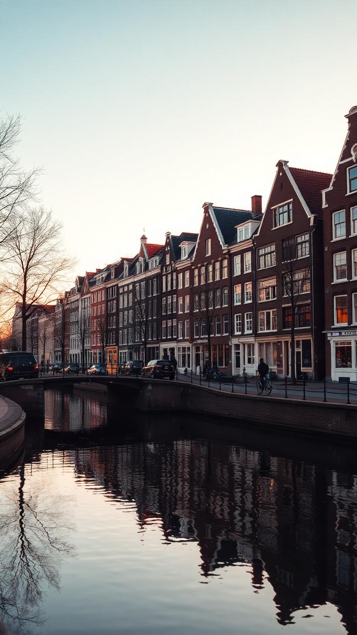 Canal de Ámsterdam con casas históricas reflejadas al atardecer