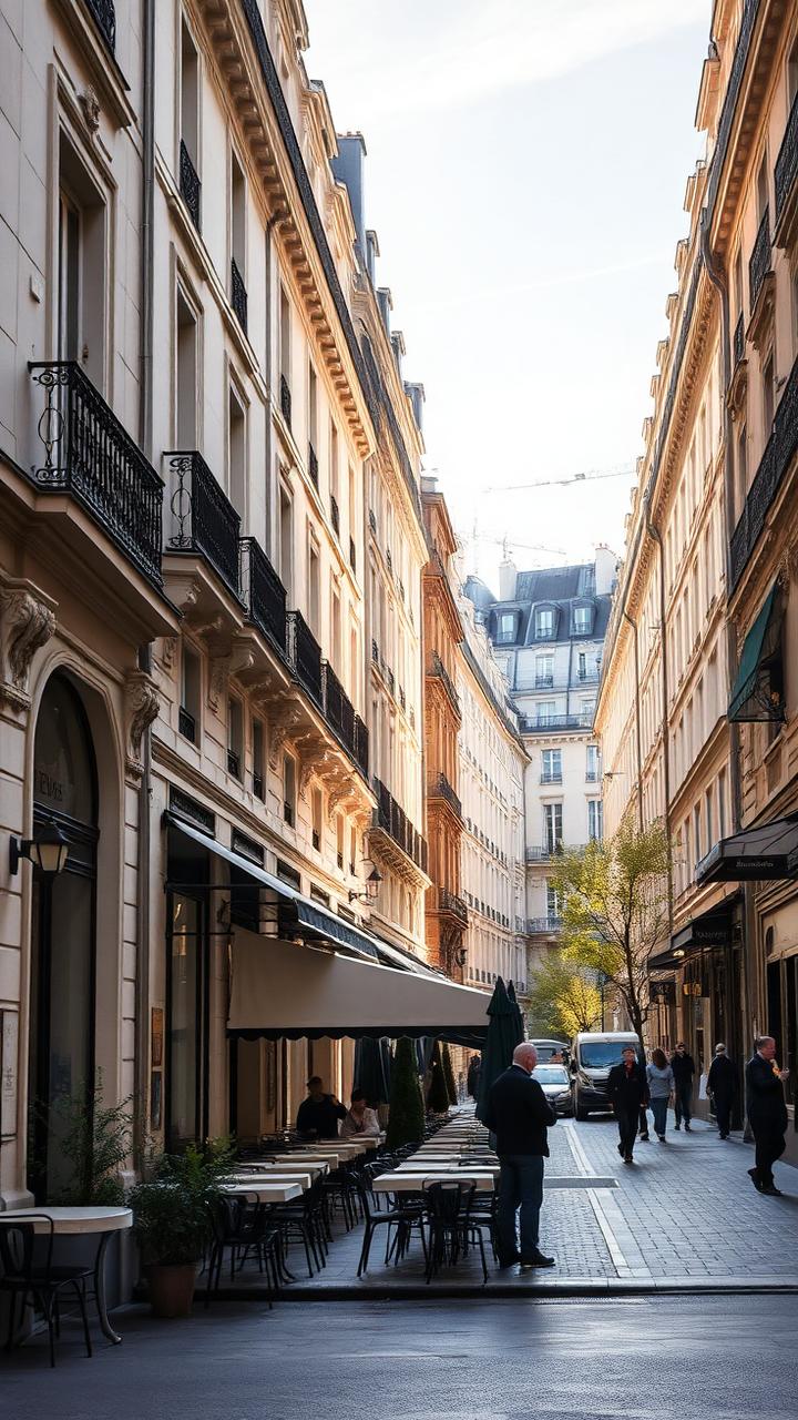 Calle parisina de edificios haussmannianos con terraza de café a primera hora