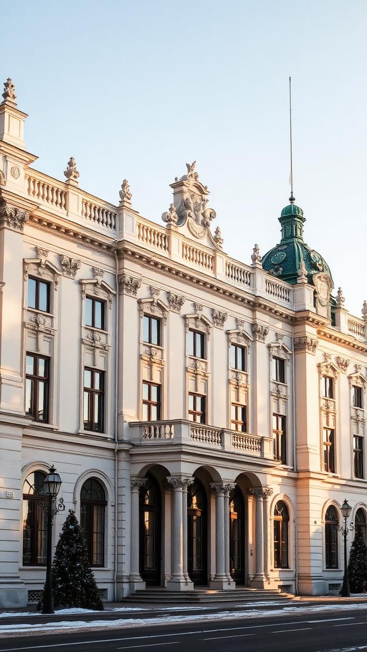 Fachada de palacio histórico en Viena con luz de invierno
